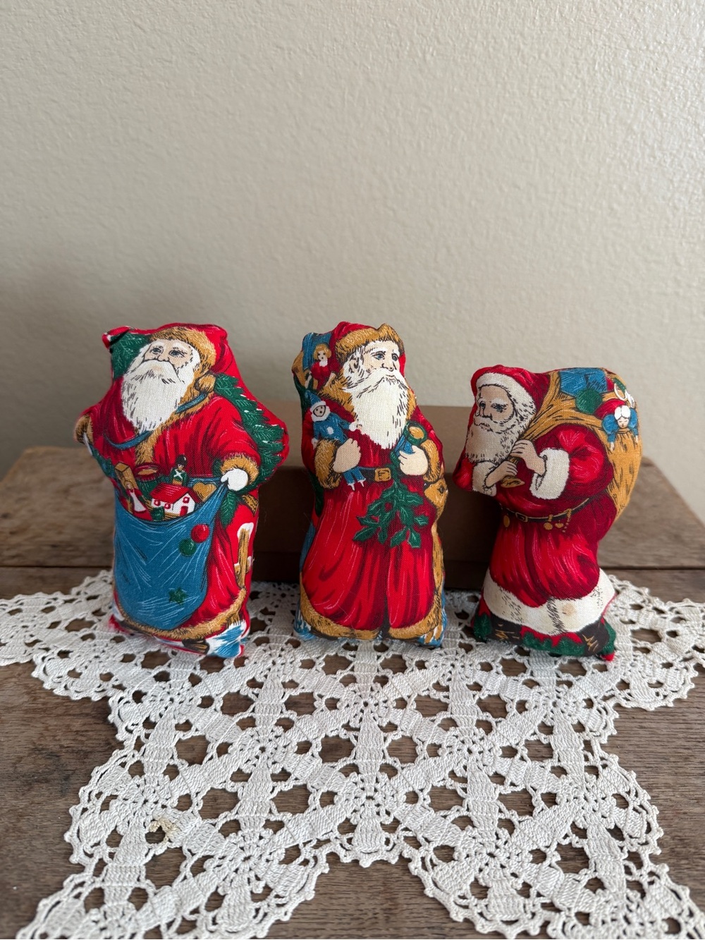 Vintage Red and Gold Santa Trio Holiday Fabric Decorations